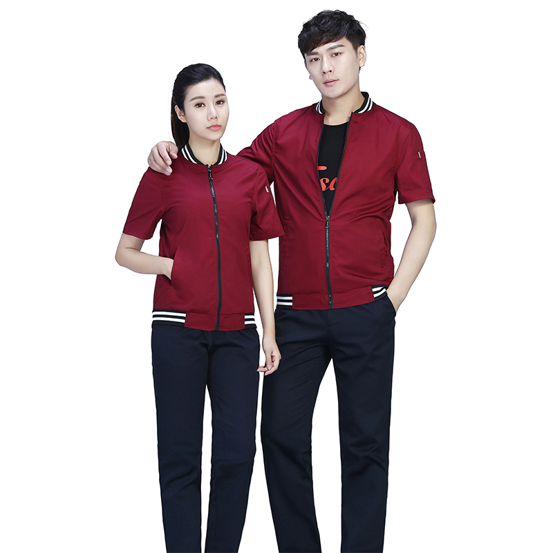 针织条纹领拉链休闲时尚款短袖工作服FY07